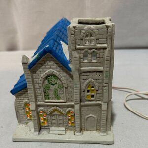 Vintage Ceramic Light-Up Church Figurine With Blue Roof & Christmas Tree